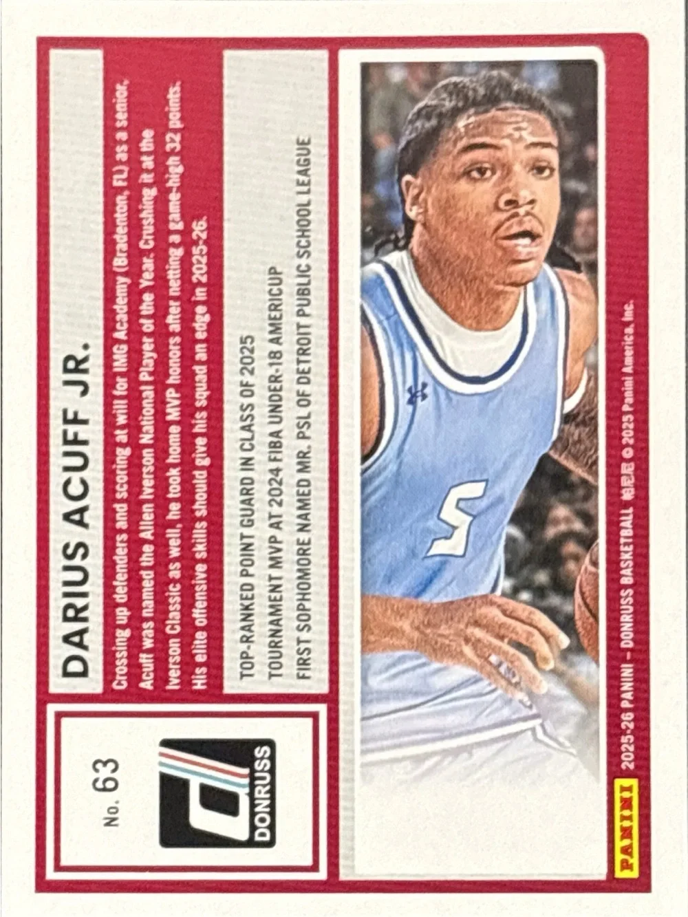 Panini Donruss Rated Prospect Darius Acuff Jr. Basketball Card